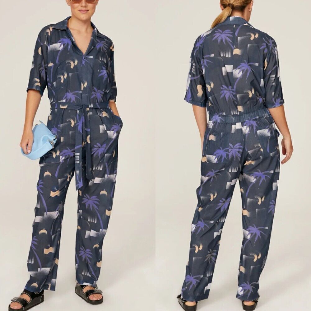 PARADISED Jumpsuit Women Small Blue Apres Beach Printed Lightweight Button Front